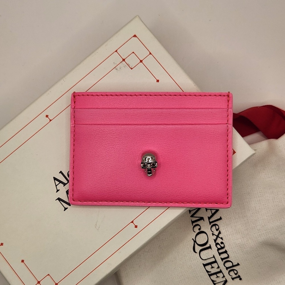 Alexander McQueen Bright Pink Leather Skull Card Holder Case Wallet Box Dust Bag